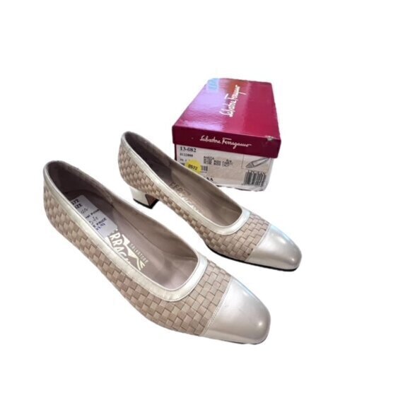 🎉SALE🎉 Salvatore Ferragamo Beige Fabric Weave Heels 6 AAAA GLAM Luxury NIB - Picture 9 of 16